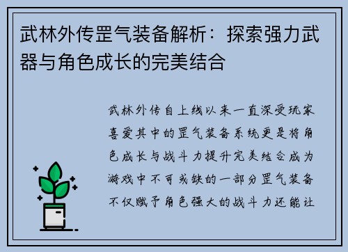 武林外传罡气装备解析：探索强力武器与角色成长的完美结合